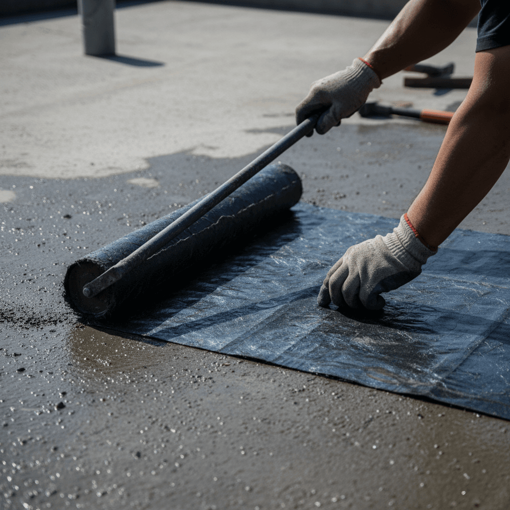 Technician applying APP membrane to concrete surface