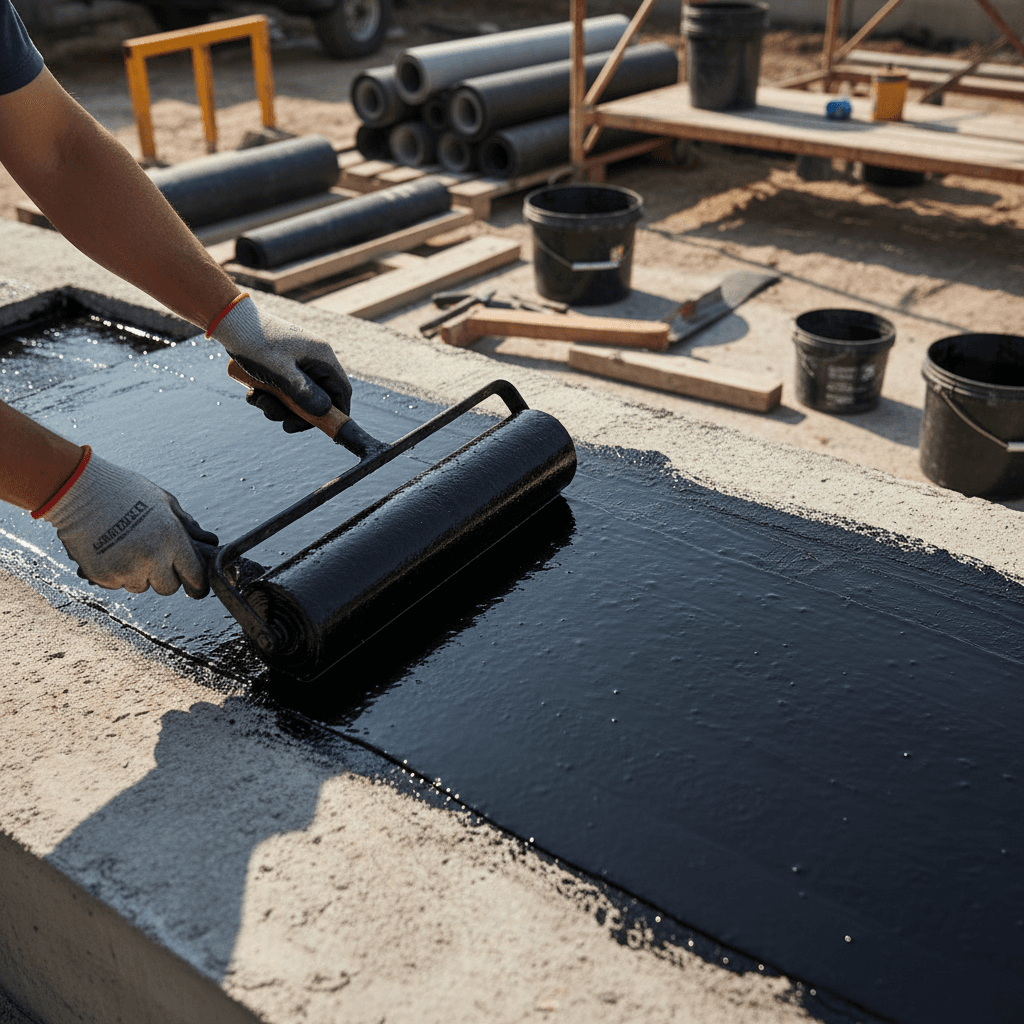 Waterproofing technician applying APP membrane to concrete