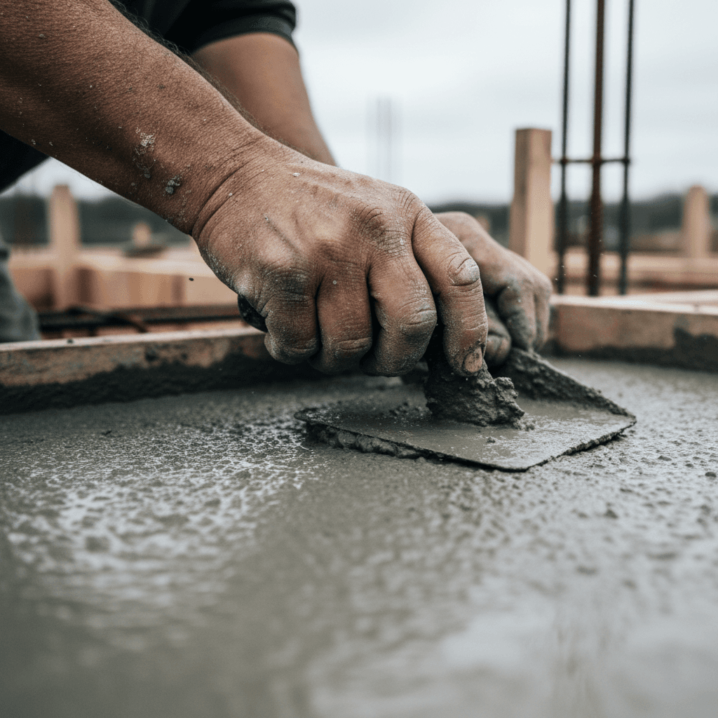 Waterproofing technician applying APP membrane to concrete foundation