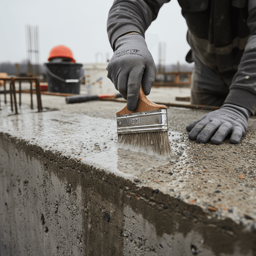 Waterproofing technician applying protective coating to concrete surface