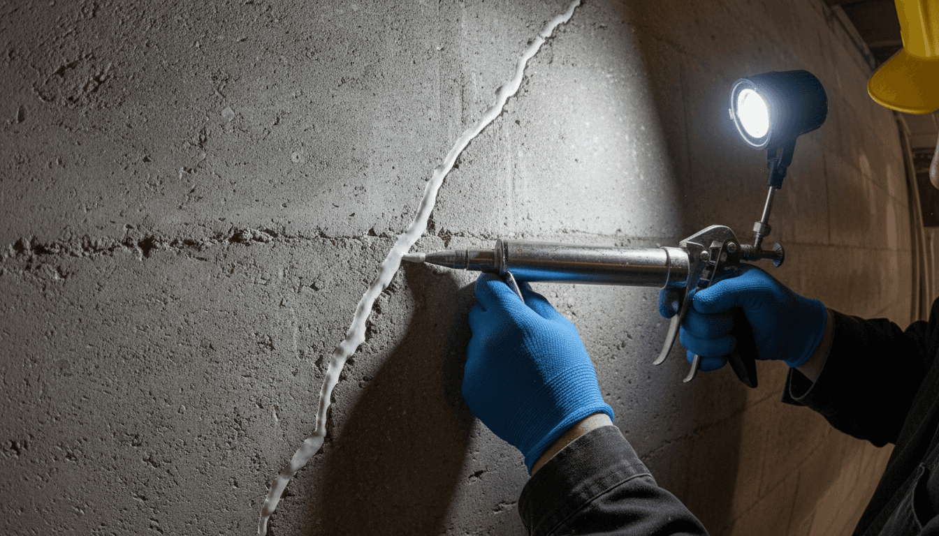 Professional basement waterproofing treatment and injection grouting on concrete wall